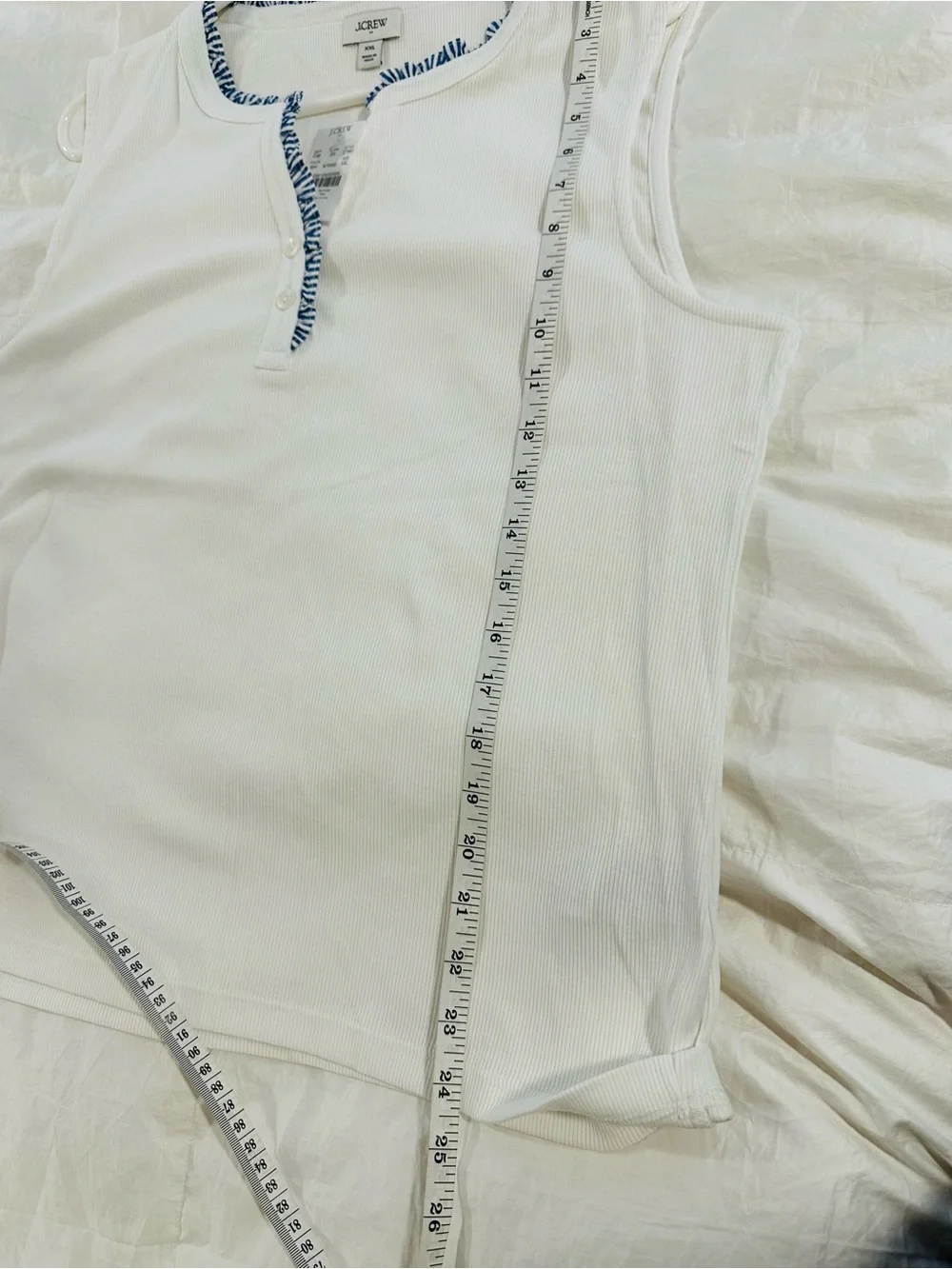 J. Crew White Ribbed Henley Tank Top with Blue Trim
